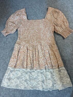 Nine West Pink & Cream Leopard Smocked Puff Sleeve Top with Lace Trim